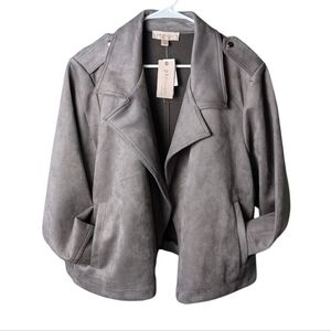 New Philosophy Faux Leather Gray Women's 2X Open Front Jacket Pockets Collar